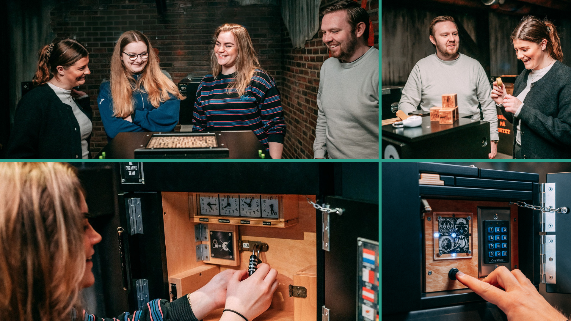 Collage van spelers die samen puzzelboxen kraken tijdens Black Box Battle